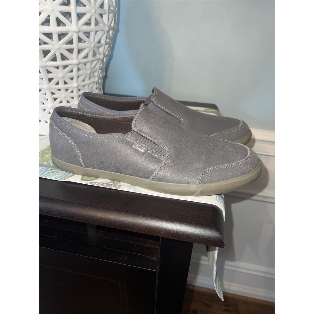 Clarks Suede Mens Loafers Shoes Leather Slip On 11 boat Gray Casual Work